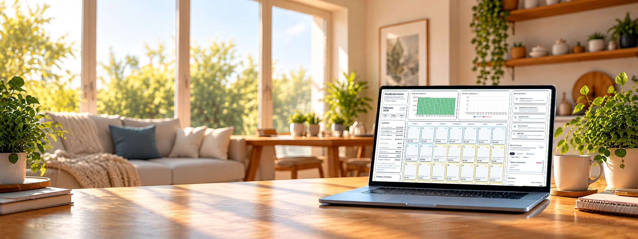 A laptop in a living room showing the FlowBooks Home calendar.